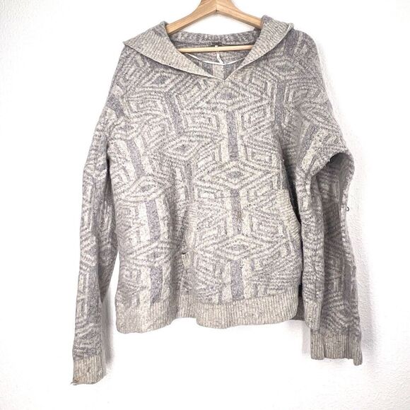 Free People Wool Blend V-neck Sweater womens Size Large Gray White Hooded - Picture 3 of 10